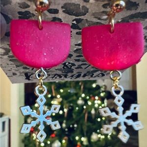 Hot‎ Pink and Gold Clay Snowflake Earrings